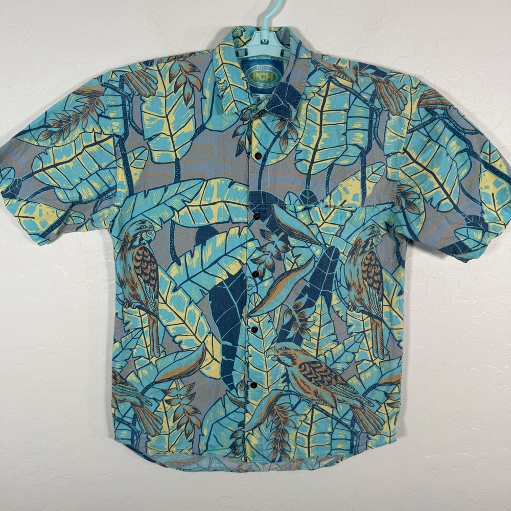 Vintage PCH Pacific Coast Highway Shirt Mens Small Blue‎ Beach Surf Bird Parrot